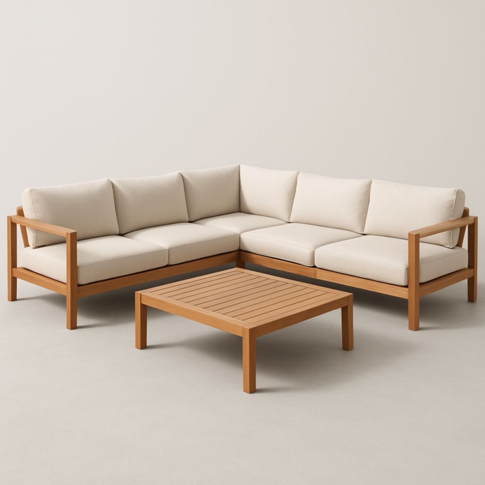 Canapé d'angle avec table basse en bois d'acacia et coussins crème