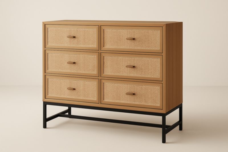 Commode 120x40x85 cm MDF placage chêne façades fibres végétales 6 tiroirs pieds acier noir