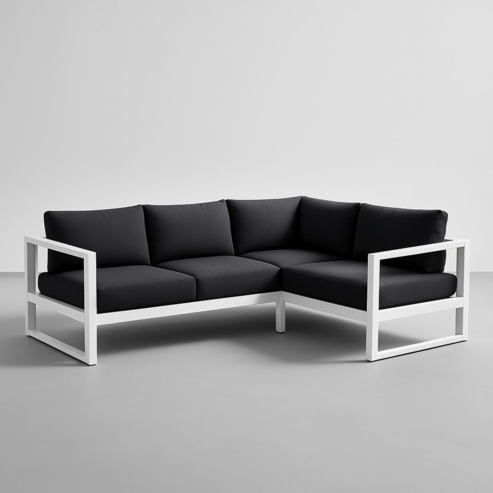 Canapé d'angle en métal avec coussins en tissu Noir et Blanc