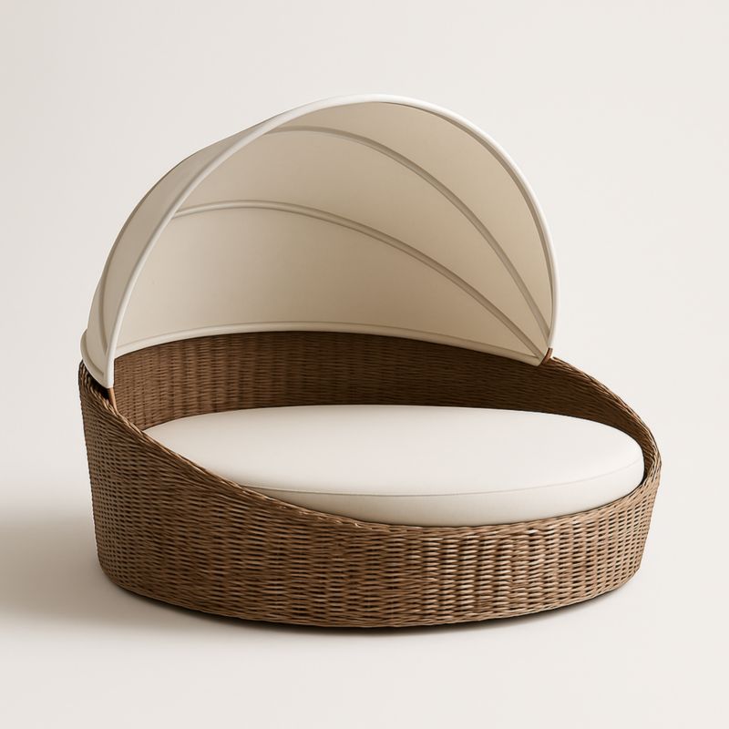 Fauteuil en rotin avec auvent en tissu blanc 120 cm Brun