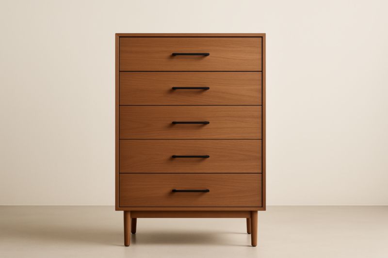 Commode 80x40x120 cm chêne MDF 5 tiroirs poignées acier pieds hévéa