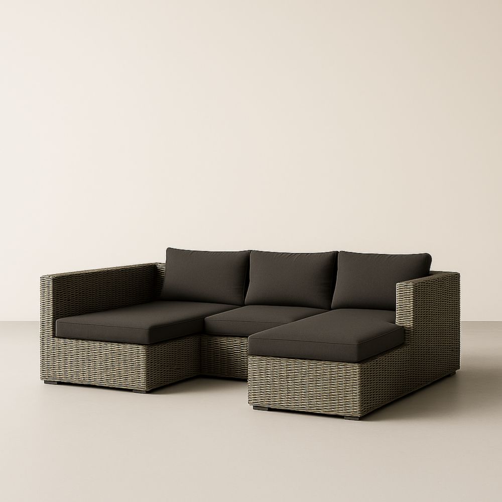 Canapé d'angle en rotin avec coussins en polyester Gris foncé