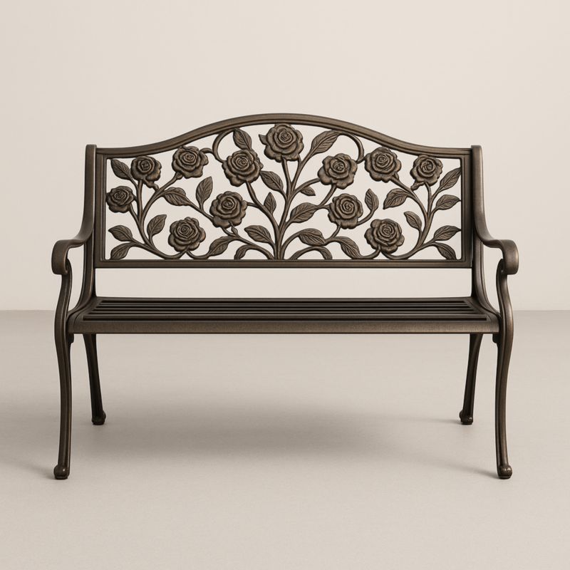 Banc de Jardin en Fer Ornemental avec Motif de Roses 128 cm Brun