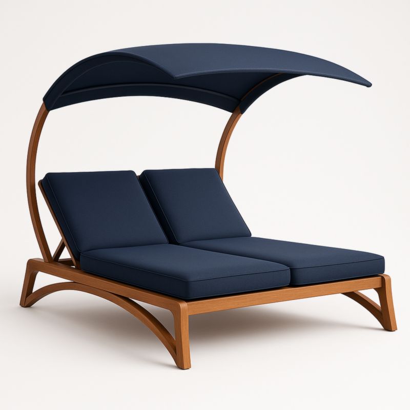 Chaise Longue Double en Bois avec Coussin en Polyester et Pare-Soleil Réglable Bleu