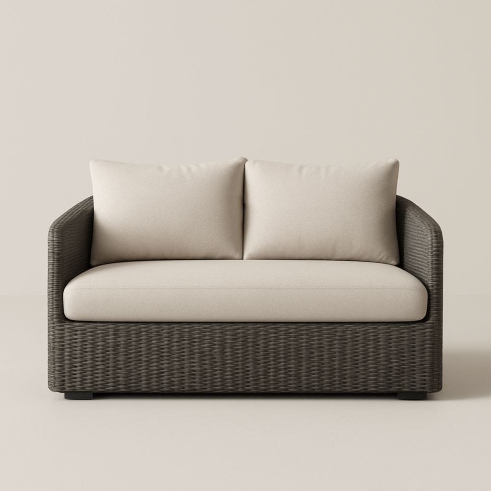 Canapé 2 Places en Rotin Synthétique Marron avec Coussins Beiges