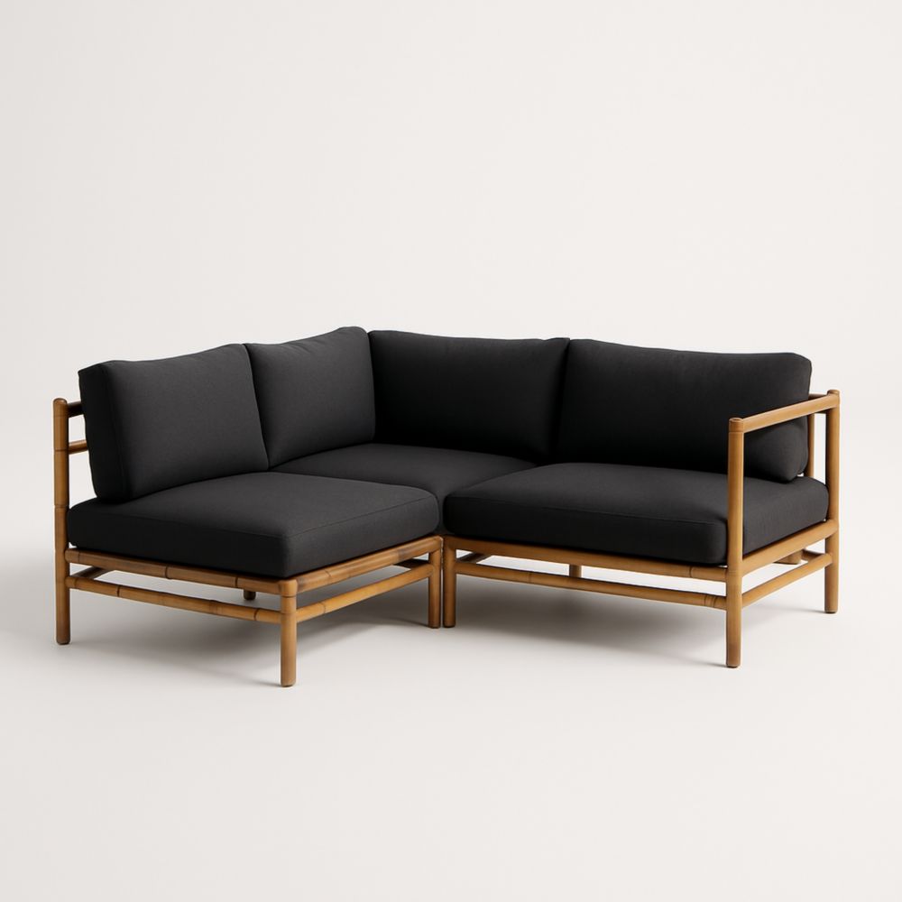 Canapé d'angle en tissu noir avec structure réglable en bambou 215 cm x 215 cm