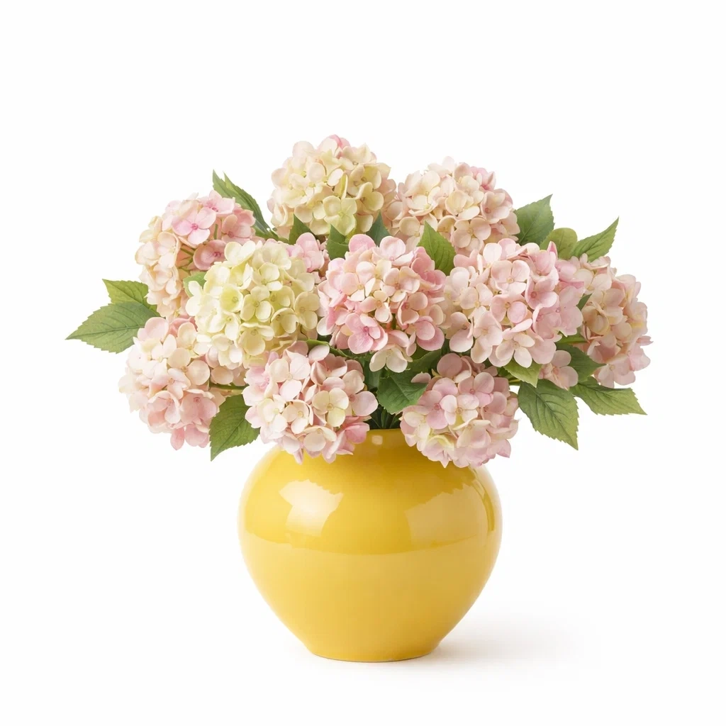 Vase decoratif jaune avec fleurs artificielles hydrangea-EaseUnit