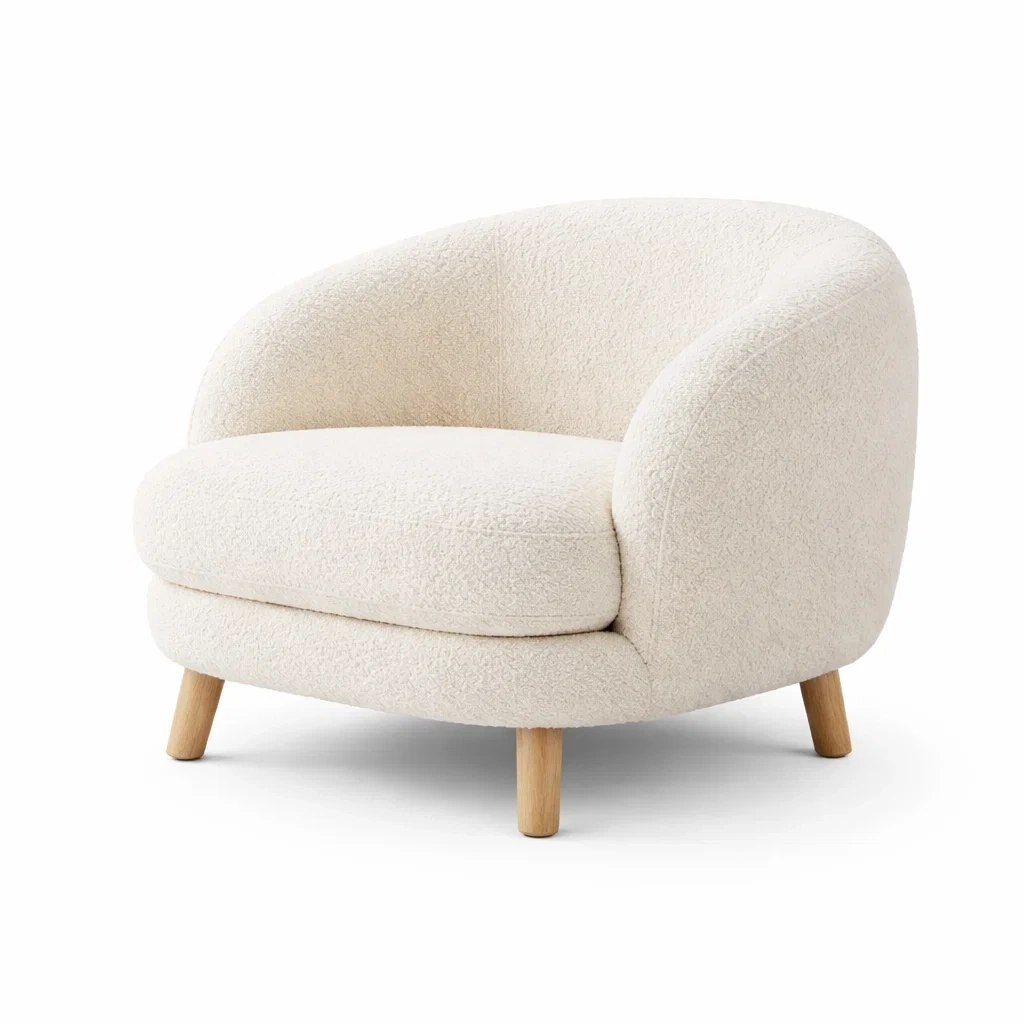 Fauteuil arrondi en tissu beige creme avec pieds bois-EaseUnit