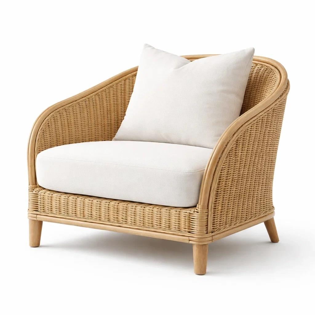 Fauteuil en rotin naturel avec coussin tissu beige-EaseUnit