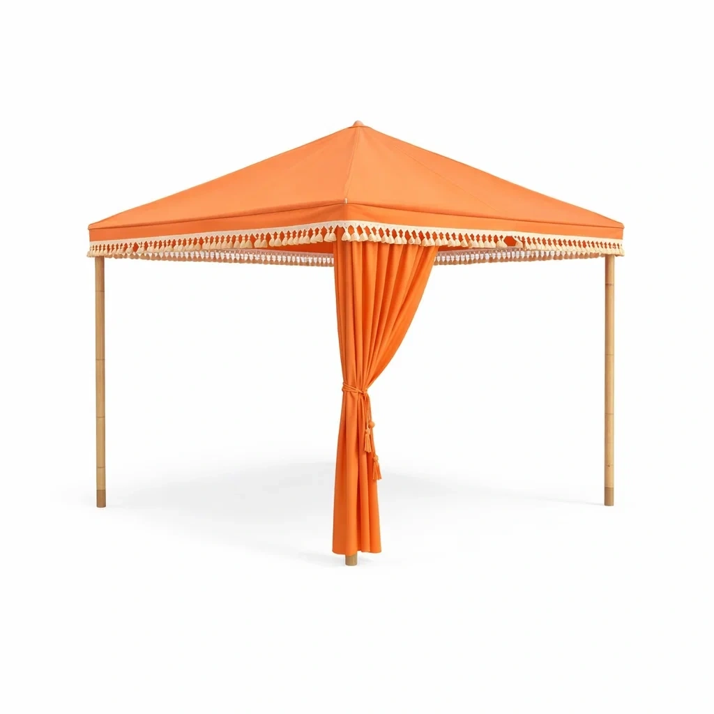 Tonnelle de jardin orange avec rideaux decoratifs et structure en bois-EaseUnit