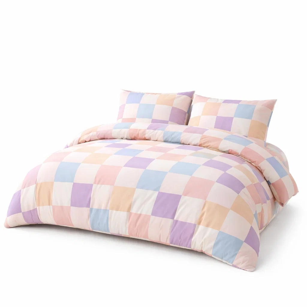 Parure de lit a carreaux pastel rose bleu violet-EaseUnit