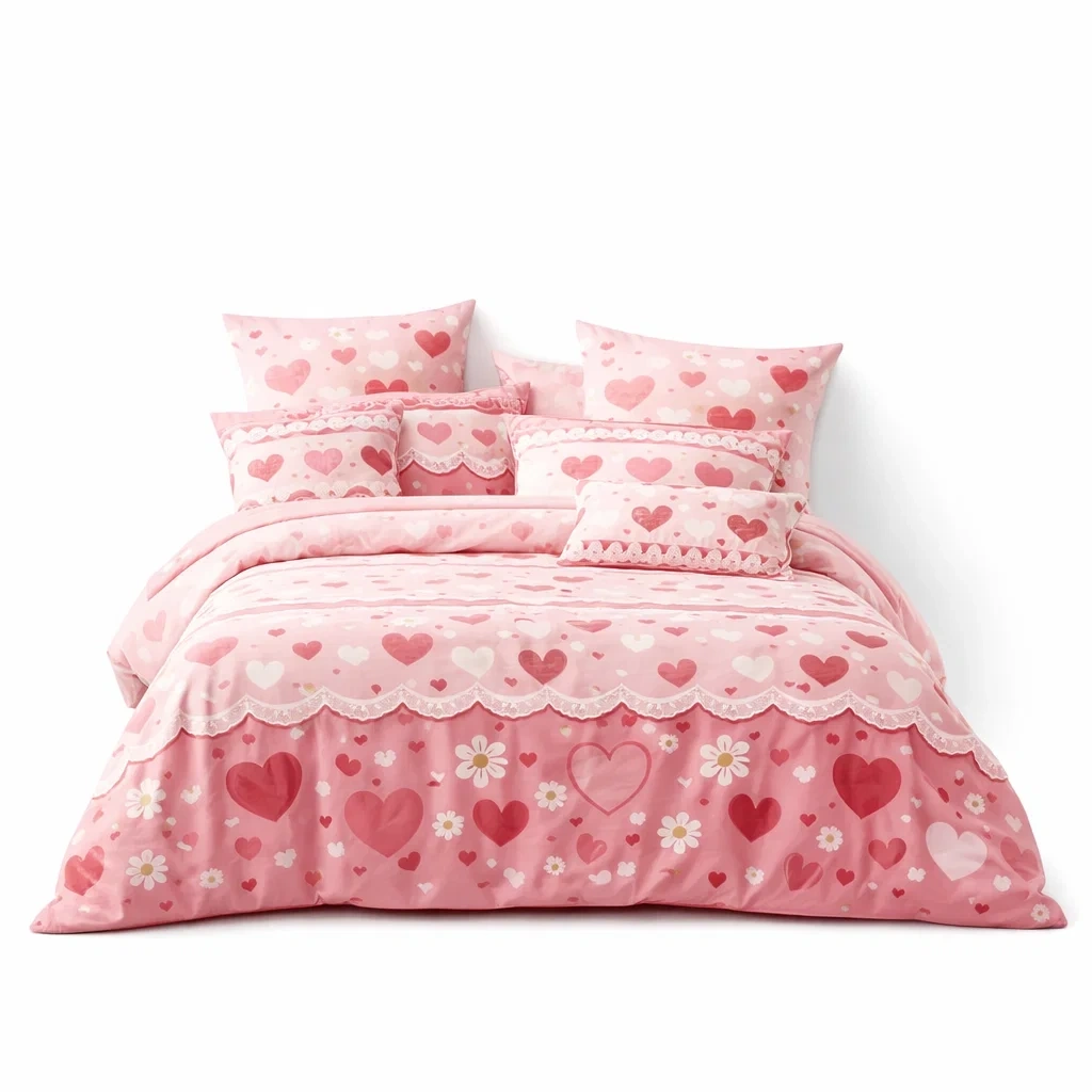 Parure de lit romantique rose avec motifs coeur-EaseUnit