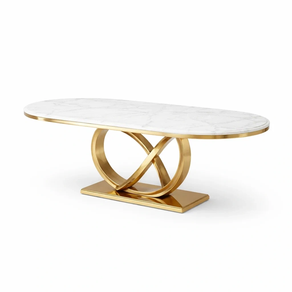 Table a manger ovale marbre blanc avec base metal entrelacee-EaseUnit
