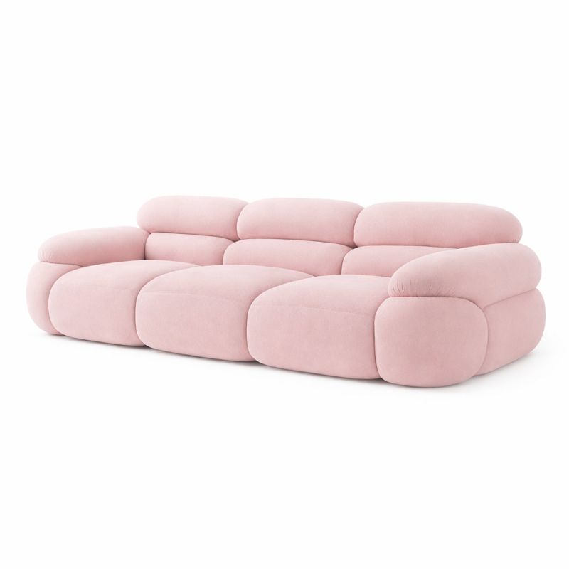 Canape contemporain forme arrondie tissu rose doux 3 places