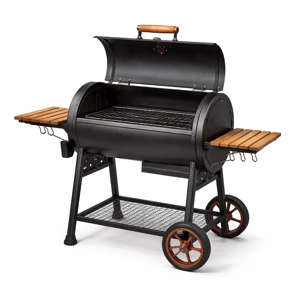 Barbecue charbon avec couvercle et tablettes bois-MistHaus