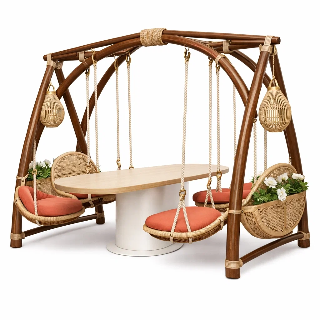 Table de jardin suspendue avec assises tressees et structure bois-MistHaus