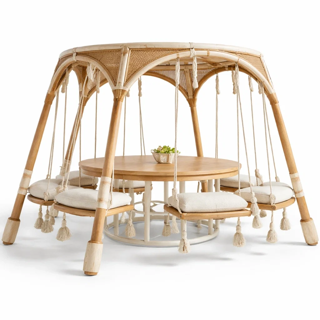 Table suspendue ronde exterieure avec toit tresse et assises-MistHaus