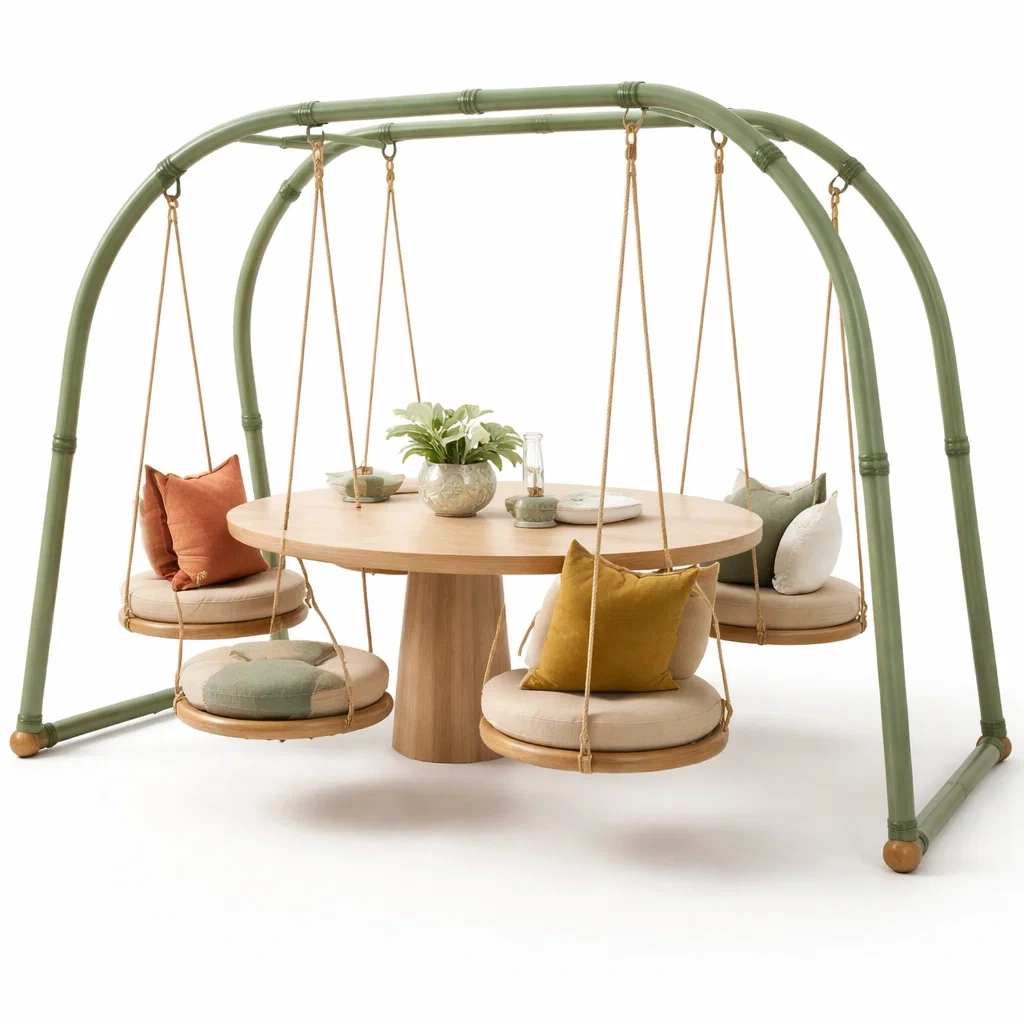 Table exterieure suspendue design avec assises bois et cordes-MistHaus