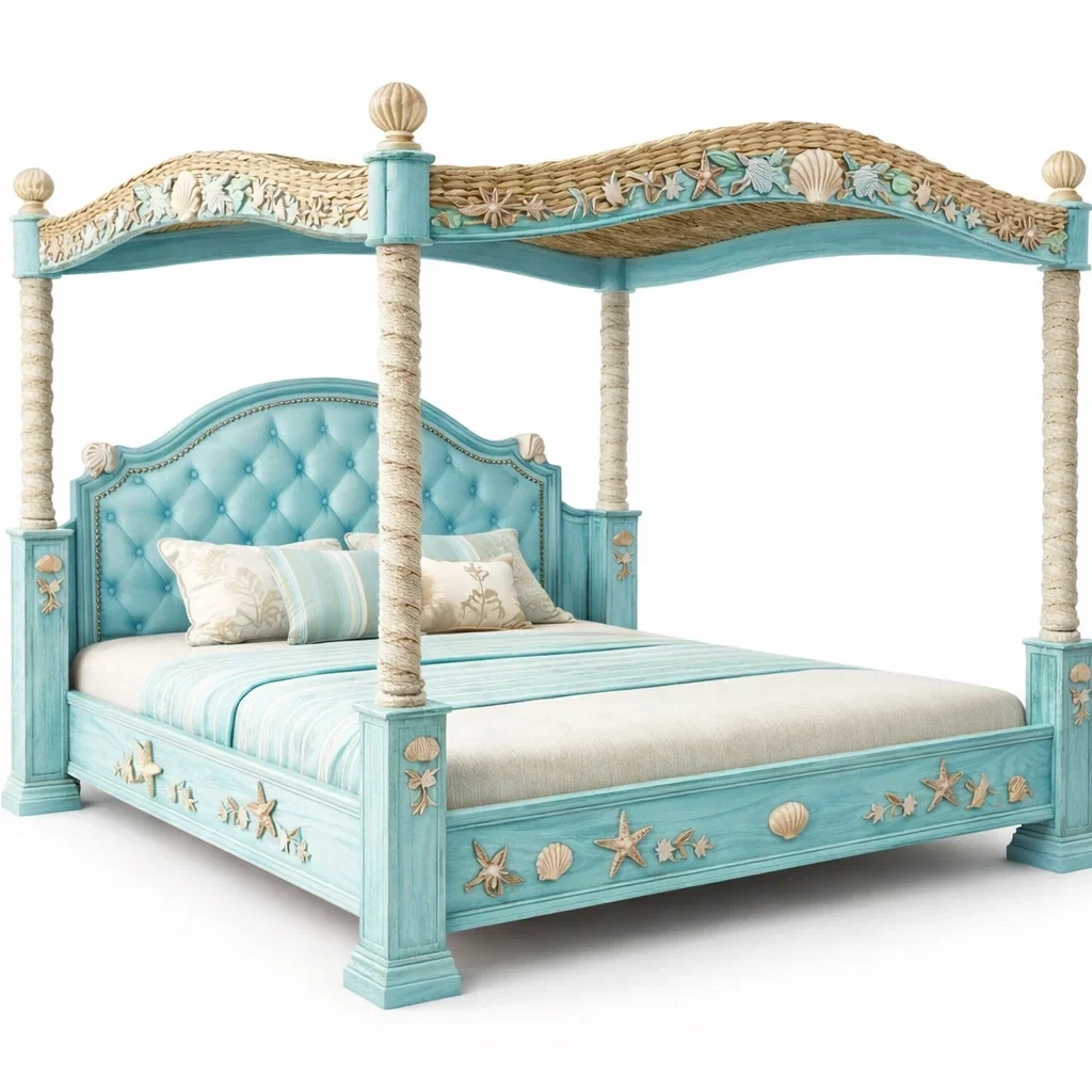 Lit a baldaquin style marin bois sculpte turquoise 160x200-MistHaus