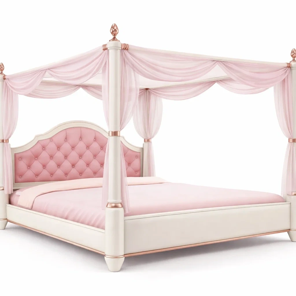 Lit a baldaquin romantique blanc et rose avec voilage-MistHaus