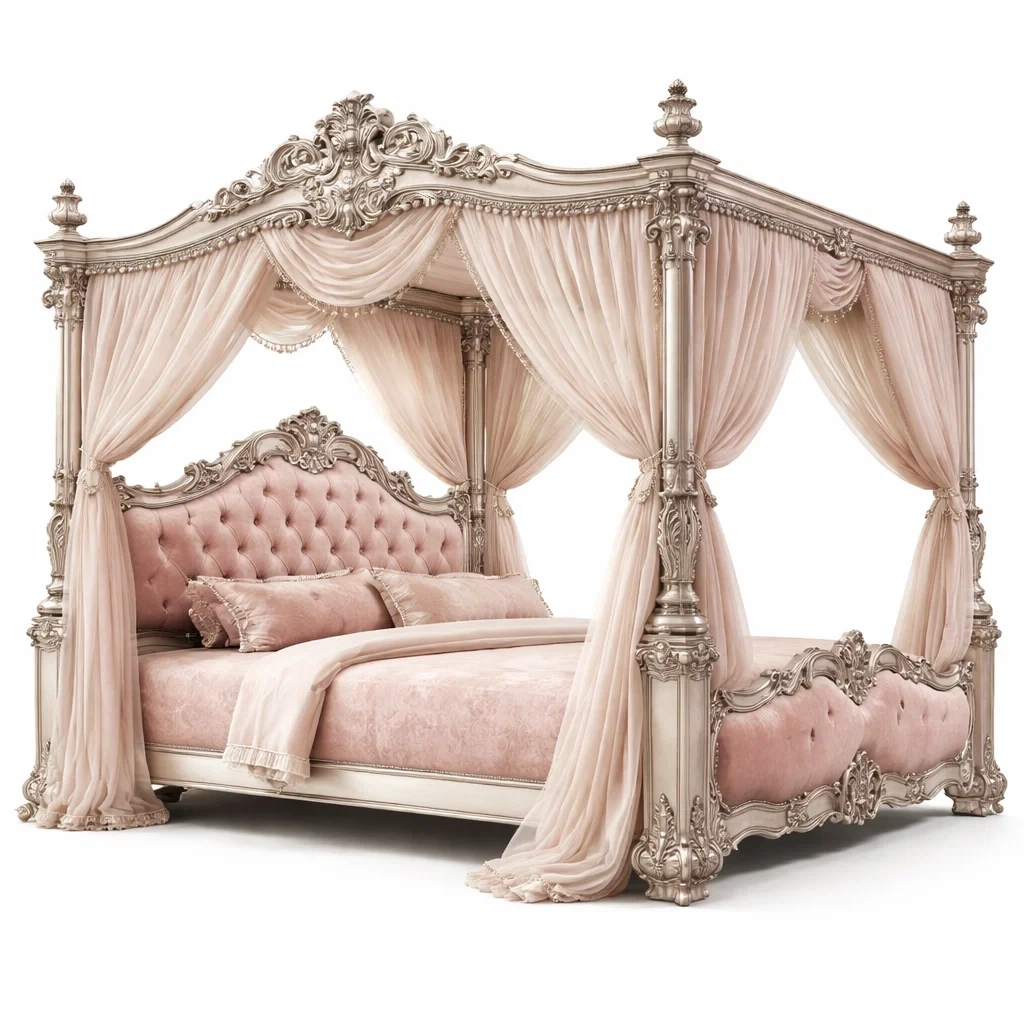 Lit a baldaquin baroque sculpte finition argent 160x200-MistHaus