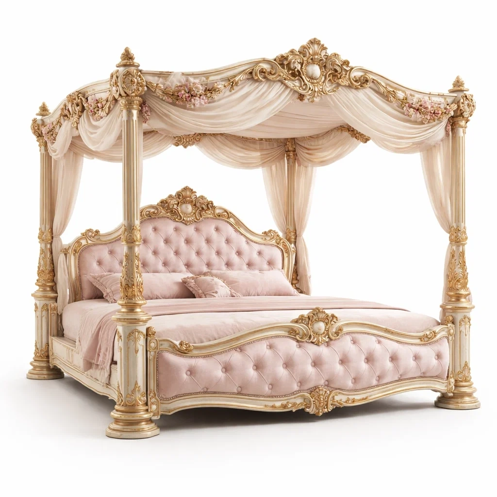 Lit a baldaquin classique luxe dore et tissu capitonne-MistHaus
