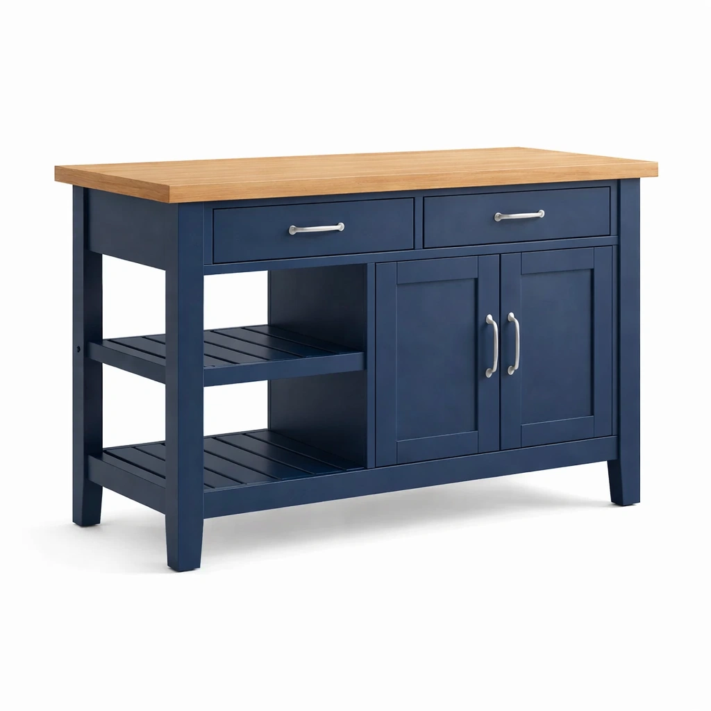 Ilot de cuisine bois massif et structure bleue avec rangements-MistHaus