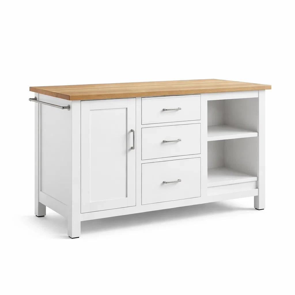 Ilot central cuisine blanc avec plateau bois et etageres-MistHaus