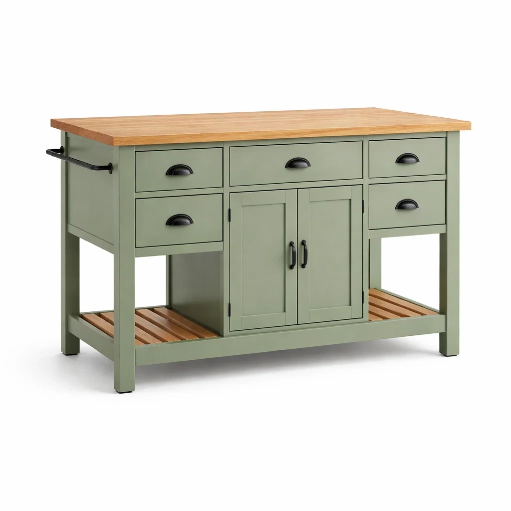 Ilot cuisine vert avec plateau bois et tiroirs multiples-MistHaus