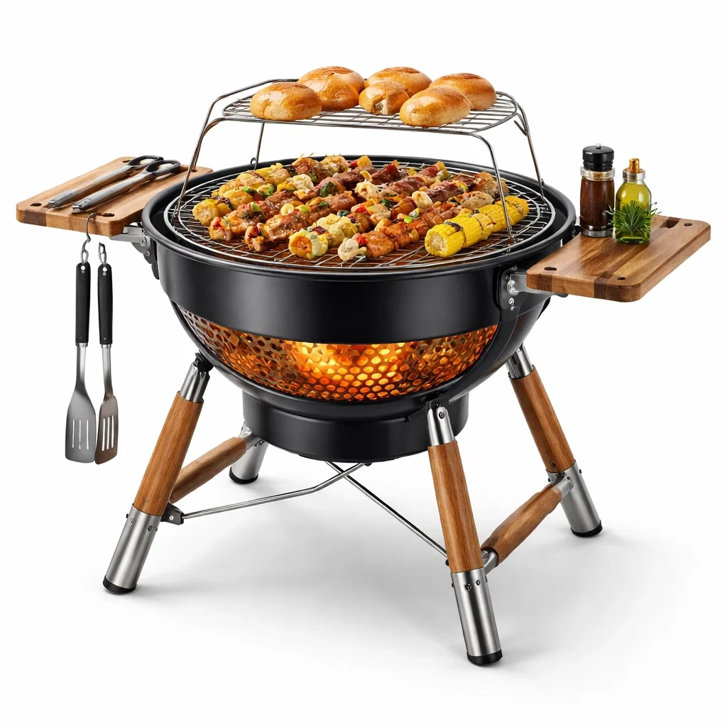 Barbecue rond a charbon avec tablettes bois-Noir
