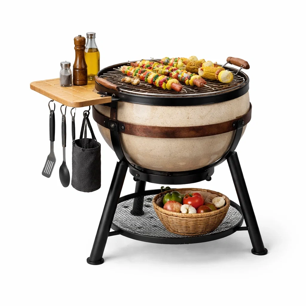 Barbecue ceramique style bol avec accessoires-Beige