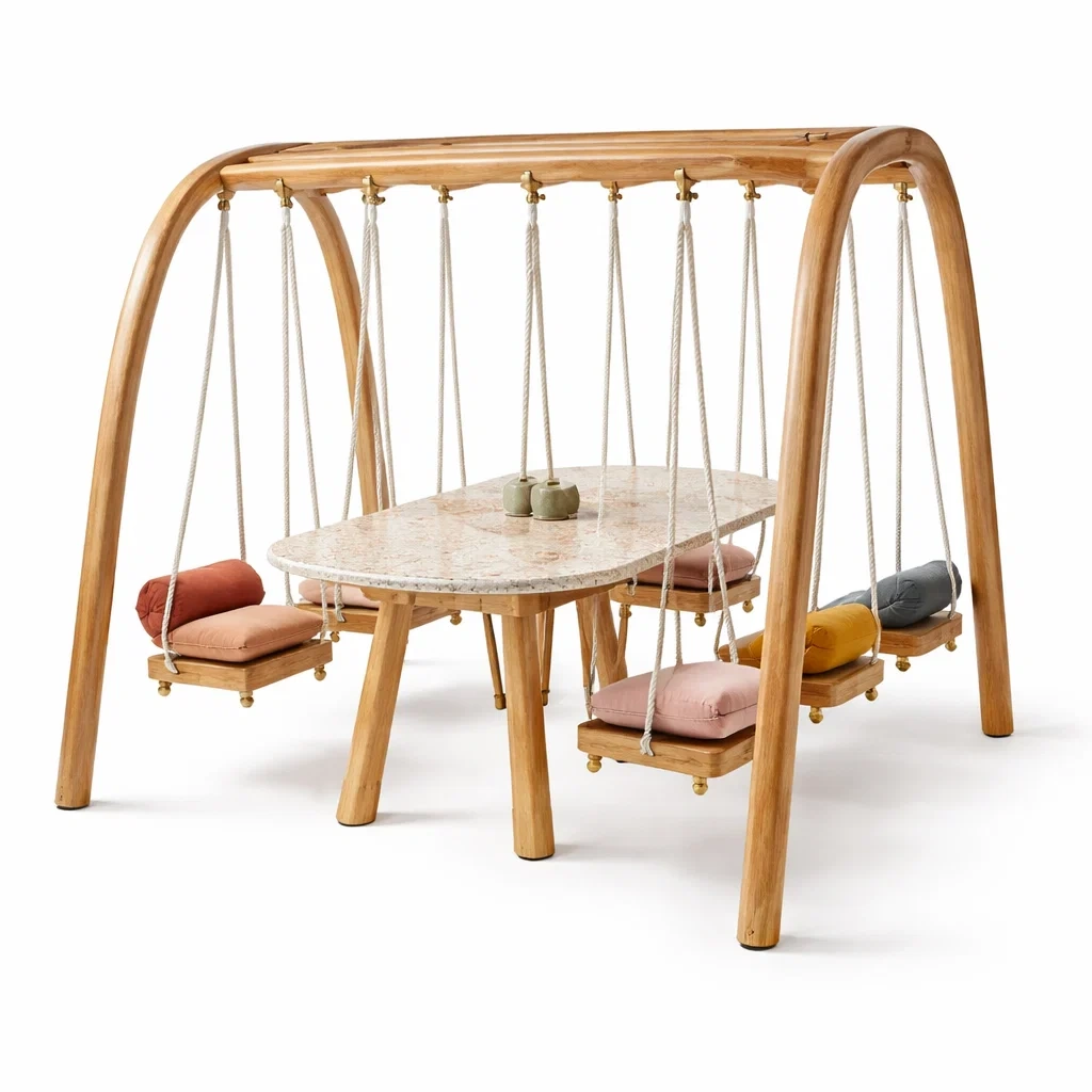 Table suspendue avec bancs en bois et assises suspendues-SimplyHeir