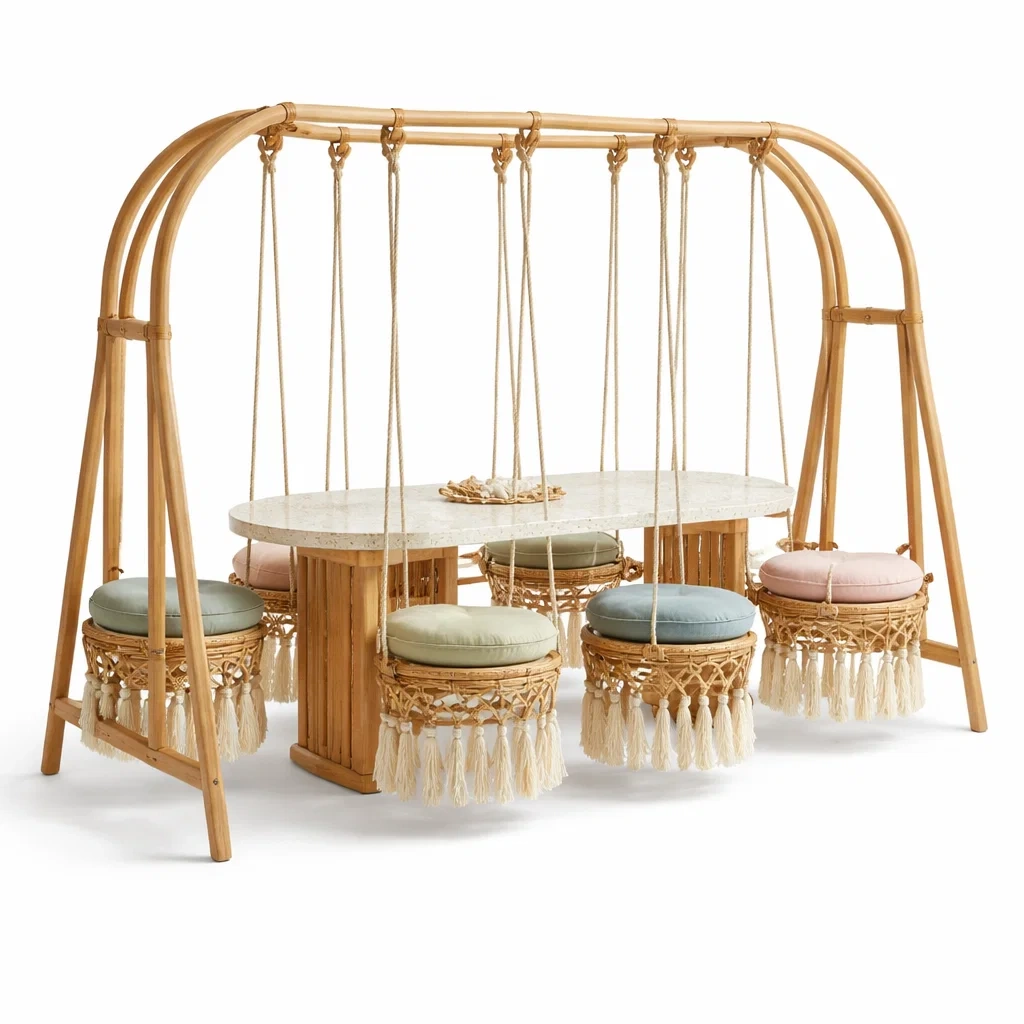 Table a manger suspendue en bois avec tabourets tresses-SimplyHeir