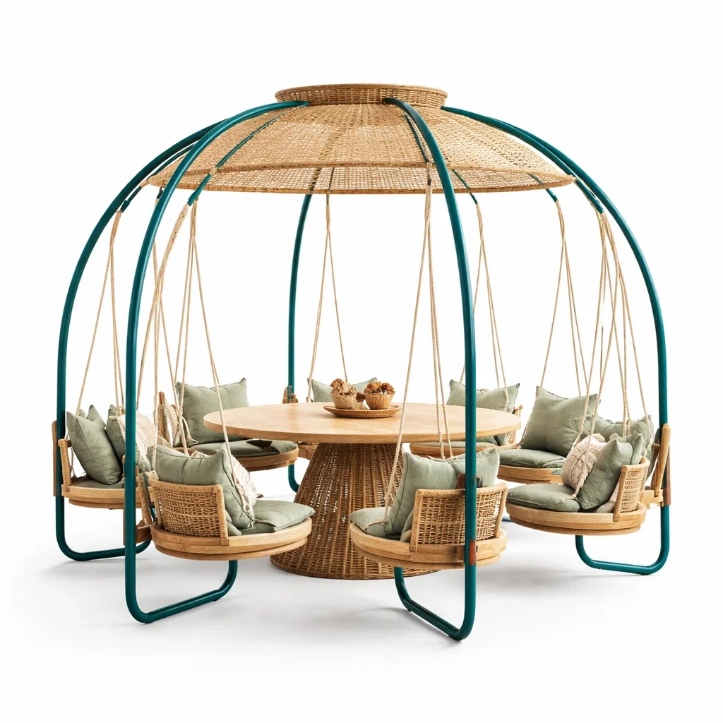 Table suspendue ronde exterieure avec structure metal et bois-SimplyHeir