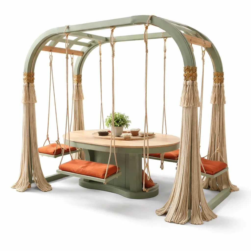 Table suspendue exterieure design avec rideaux de cordes decoratifs-SimplyHeir