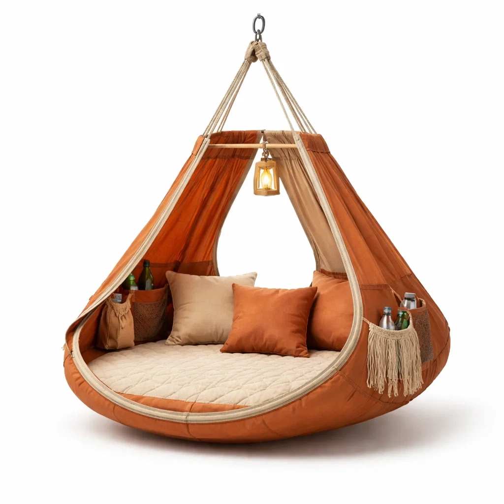 Nid suspendu type tente avec coussins et lampe decorative-SimplyHeir