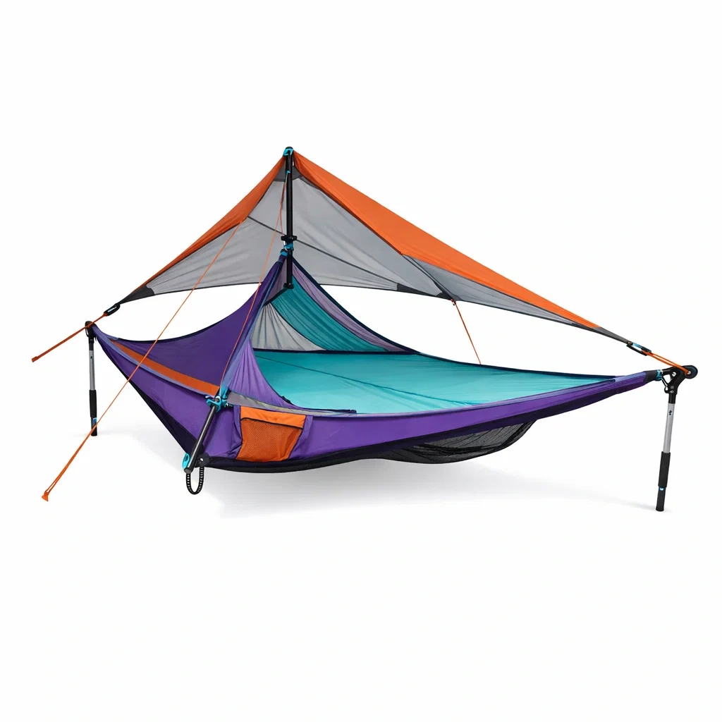 Hamac sur pieds avec toit de protection integre