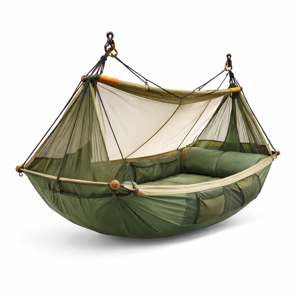 Hamac suspendu type lit avec coussins et moustiquaire