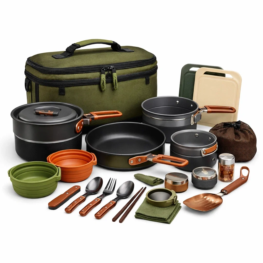 Set de cuisine camping premium avec bouilloire et accessoires