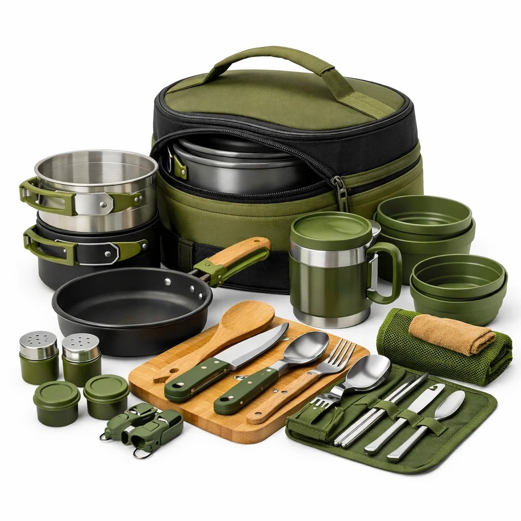 Set de cuisine camping familial avec planche en bois
