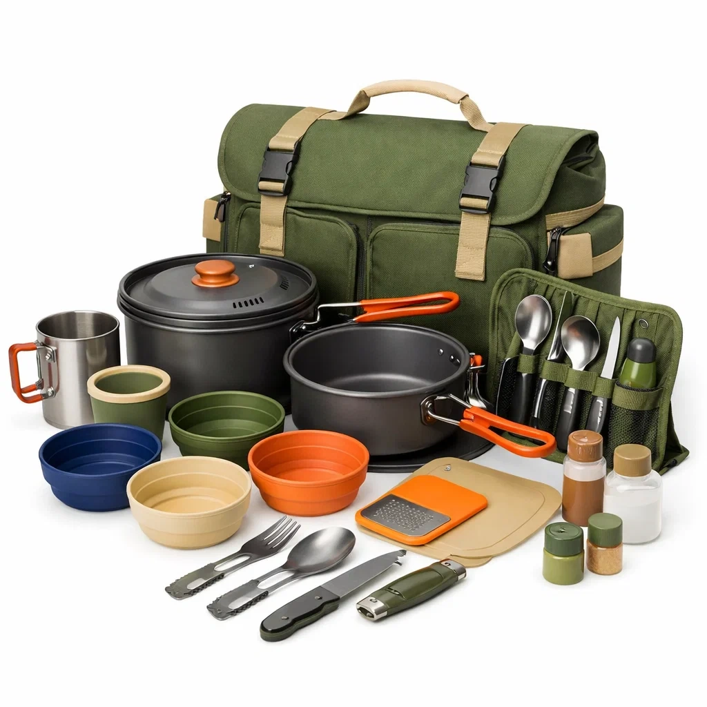 Set de cuisine camping robuste avec sac a bandouliere