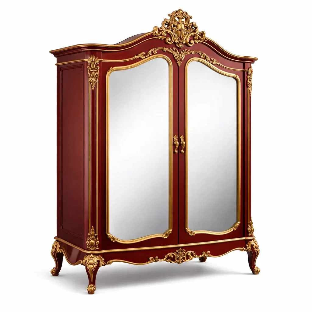 Armoire classique rouge avec portes miroir dorees-LayoutLuxe