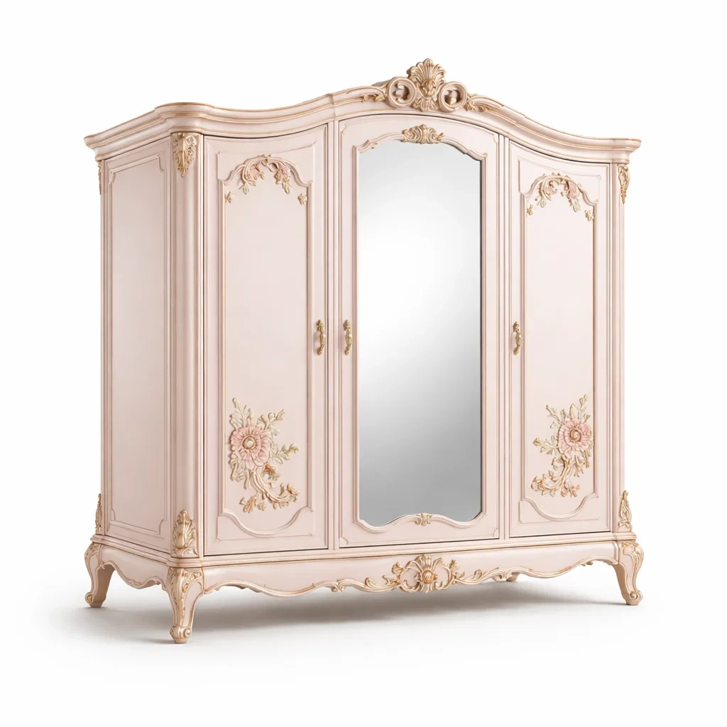 Armoire romantique rose avec miroir central-LayoutLuxe