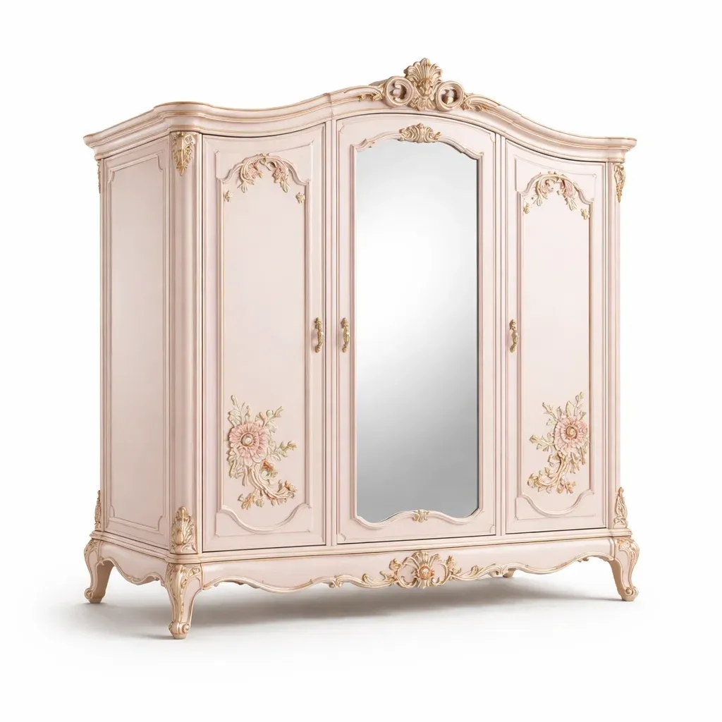 Armoire romantique rose avec miroir central-LayoutLuxe