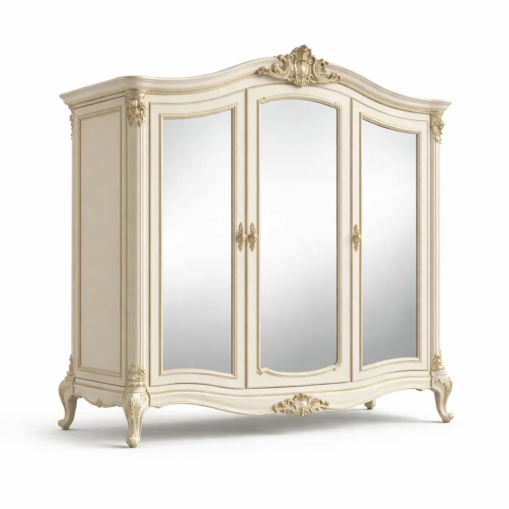 Armoire traditionnelle blanc a trois portes miroir cintrees-LayoutLuxe