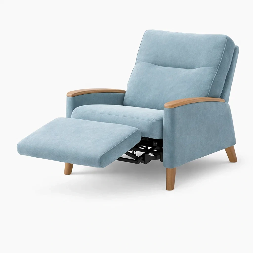Fauteuil relax tissu bleu clair avec repose pieds-LayoutLuxe