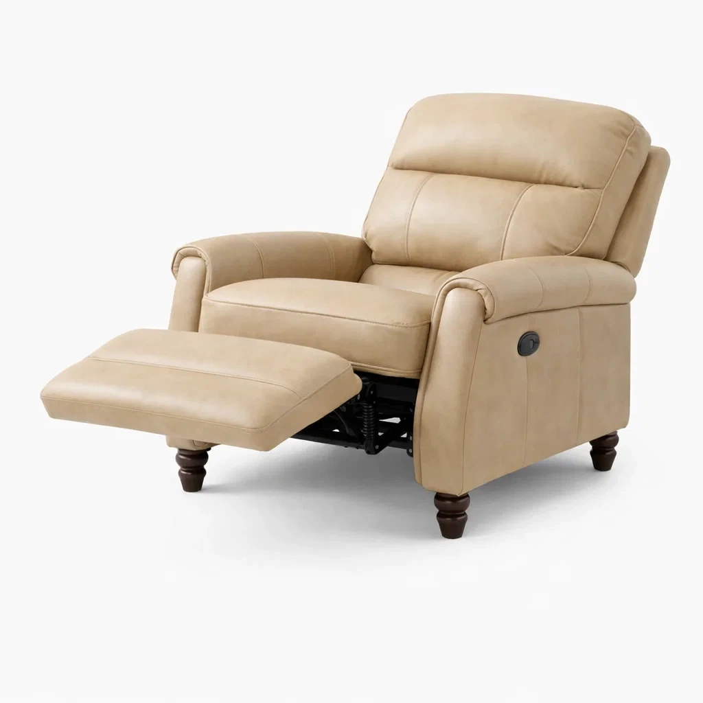 Fauteuil relax cuir beige avec repose pieds-LayoutLuxe