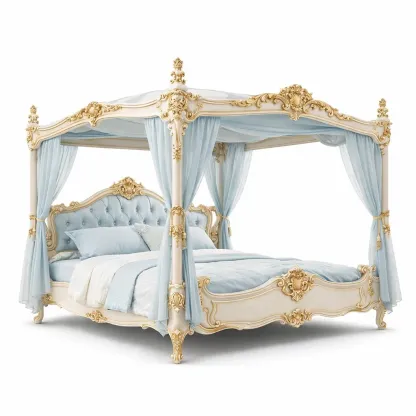 Lit baldaquin luxe bois blanc et bleu clair-LayoutLuxe