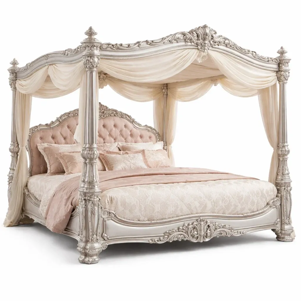 Lit baldaquin luxe bois argente et beige-LayoutLuxe