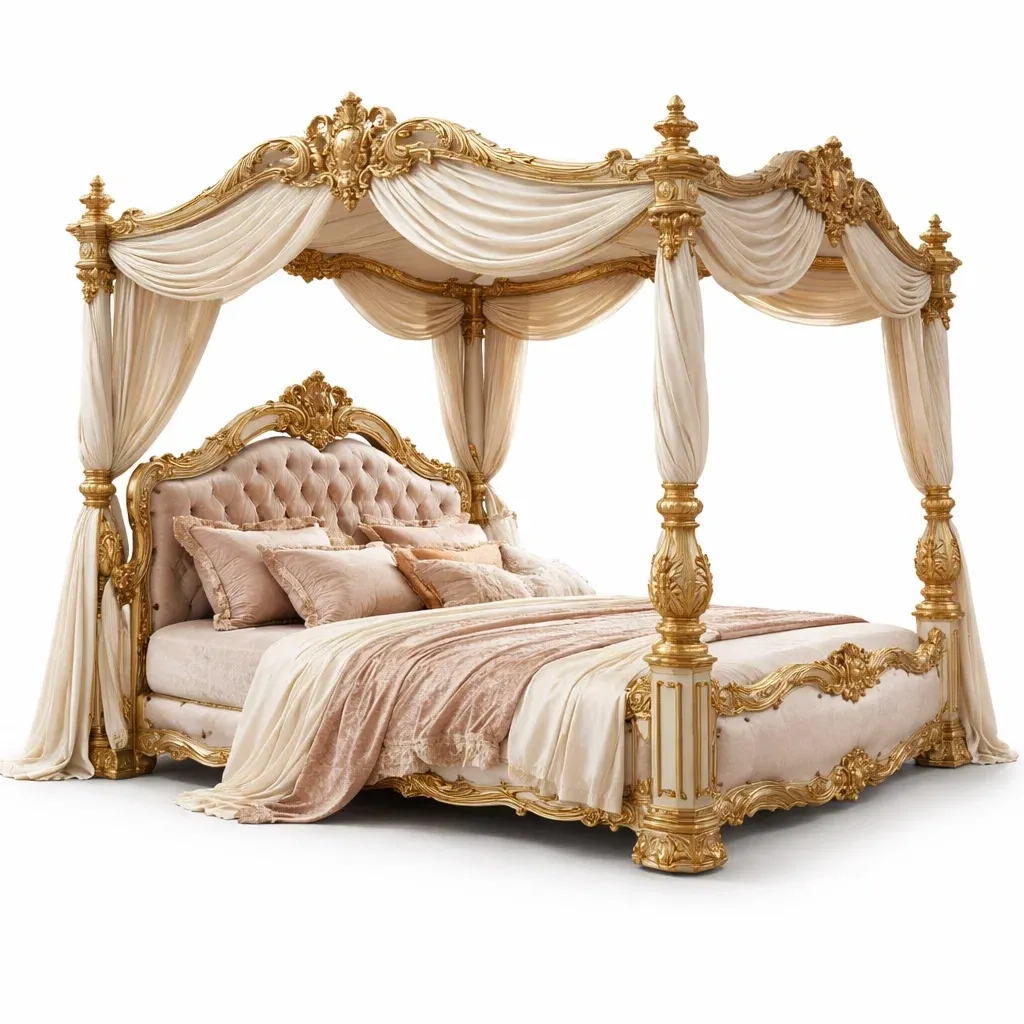 Lit baldaquin luxe bois dore et beige clair-LayoutLuxe